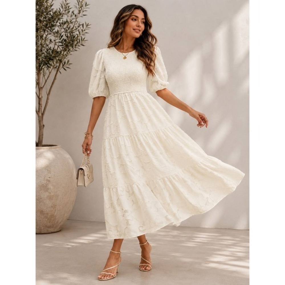 MEROKEETY Women's Cream Textured Smocked Puff Sleeve Tiered Midi Dress S NWOT